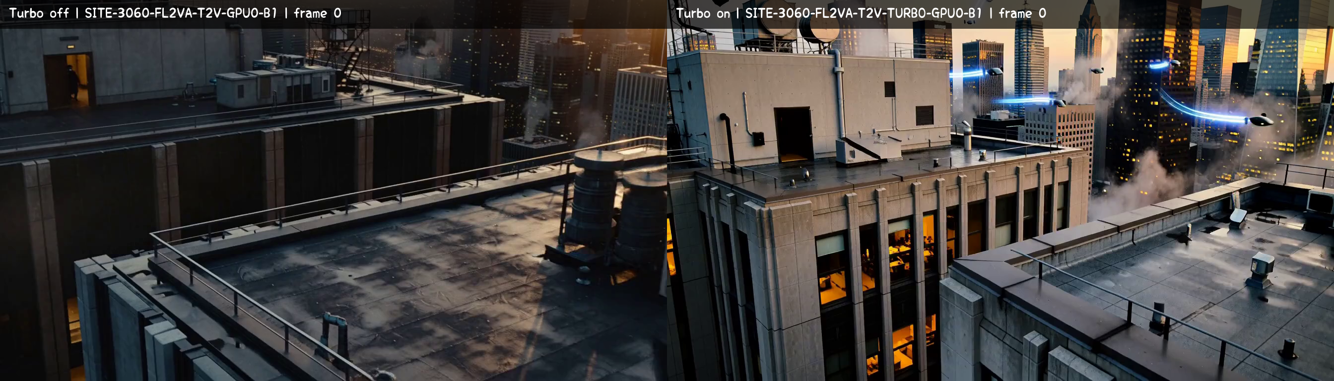 Same-seed frame 0 comparison of a city rooftop at dusk: Turbo-off run SITE-3060-FL2VA-T2V-GPU0-B1 on the left; Turbo-on run SITE-3060-FL2VA-T2V-TURBO-GPU0-B1 on the right, with aircraft leaving blue light trails