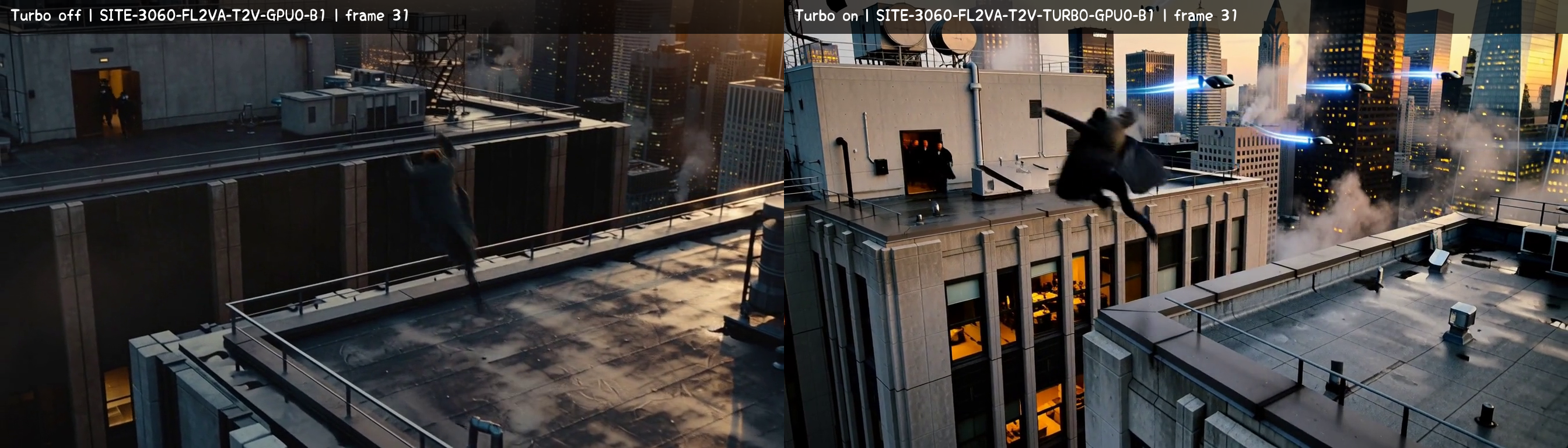 Same-seed frame 31 comparison of a dark figure crossing a city rooftop: Turbo-off run SITE-3060-FL2VA-T2V-GPU0-B1 on the left; Turbo-on run SITE-3060-FL2VA-T2V-TURBO-GPU0-B1 on the right, with aircraft trails in the skyline
