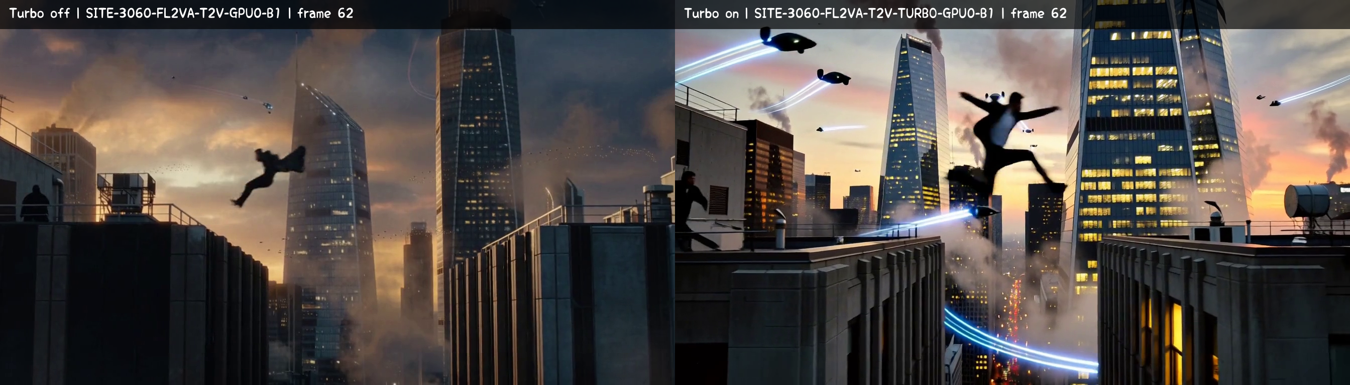 Same-seed frame 62 comparison of an airborne person between city rooftops at sunset: Turbo-off run SITE-3060-FL2VA-T2V-GPU0-B1 on the left; Turbo-on run SITE-3060-FL2VA-T2V-TURBO-GPU0-B1 on the right, with small aircraft overhead