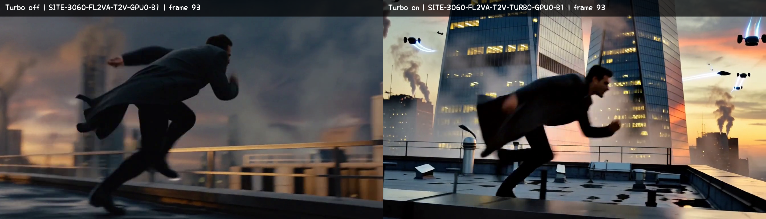 Same-seed frame 93 comparison of a side-on runner in a dark suit on a rooftop at sunset: Turbo-off run SITE-3060-FL2VA-T2V-GPU0-B1 on the left; Turbo-on run SITE-3060-FL2VA-T2V-TURBO-GPU0-B1 on the right