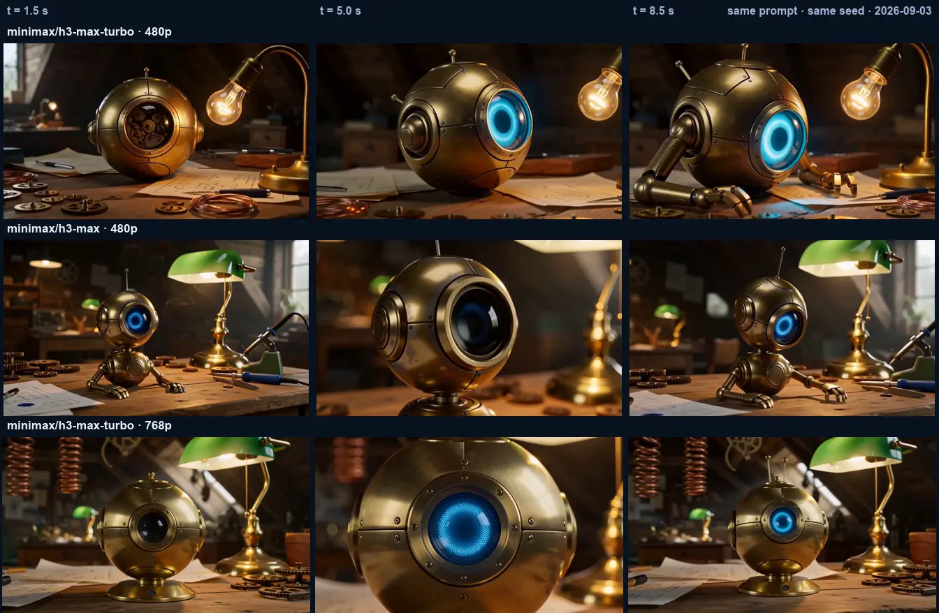 Nine frames in three labelled rows. A round brass robot with a single glowing blue eye sits on a cluttered workbench under a lit lamp in an attic; all three rows keep the round body and the one eye, differing in lamp style and framing.
