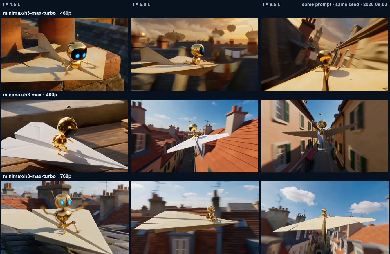 Nine frames in three labelled rows. A small brass robot rides a paper aeroplane over tiled rooftops; in every row the robot has two eyes, arms and legs instead of the round single-eyed body of the first scene.