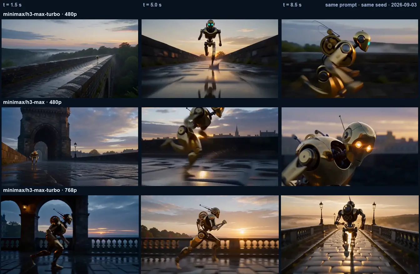 Nine frames in three labelled rows. A tall two-legged robot runs along a wet stone bridge at sunrise; each row places the camera differently, and none of them shows the round single-eyed body the story began with.