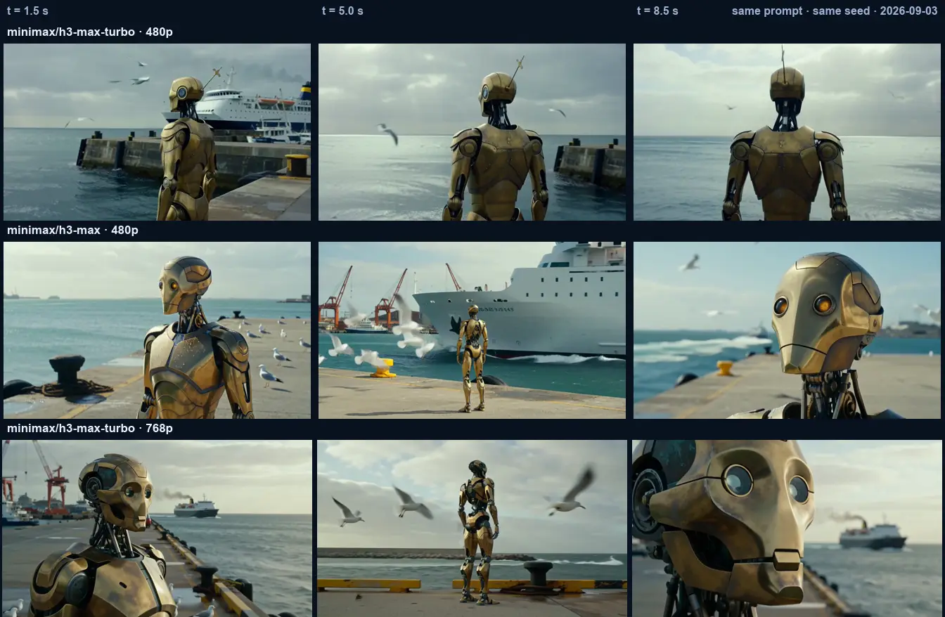 Nine frames in three labelled rows. A human-proportioned metal figure stands on a harbour quay with gulls, a ferry and cranes behind it; every row shows a face-like head with two eyes rather than a round body.